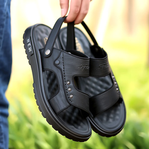 Men's Leather <b>Sandals</b> Flat Slip-On Soft Sole Beach Shoes Khaki Black Youth 2024 Style - Product Image 4