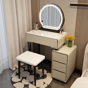 <span class=keywords><strong>Coiffeuse</strong></span> de chambre moderne et simple pour petits espaces avec miroir rond en verre, tiroirs intégrés et tabouret de maquillage - Product Image 4