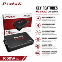 Amplificateur de puissance pour voiture GM-E1004 1200W Classe AB 4 canaux 100W x 4 RMS à faible distorsion pour système audio de voiture