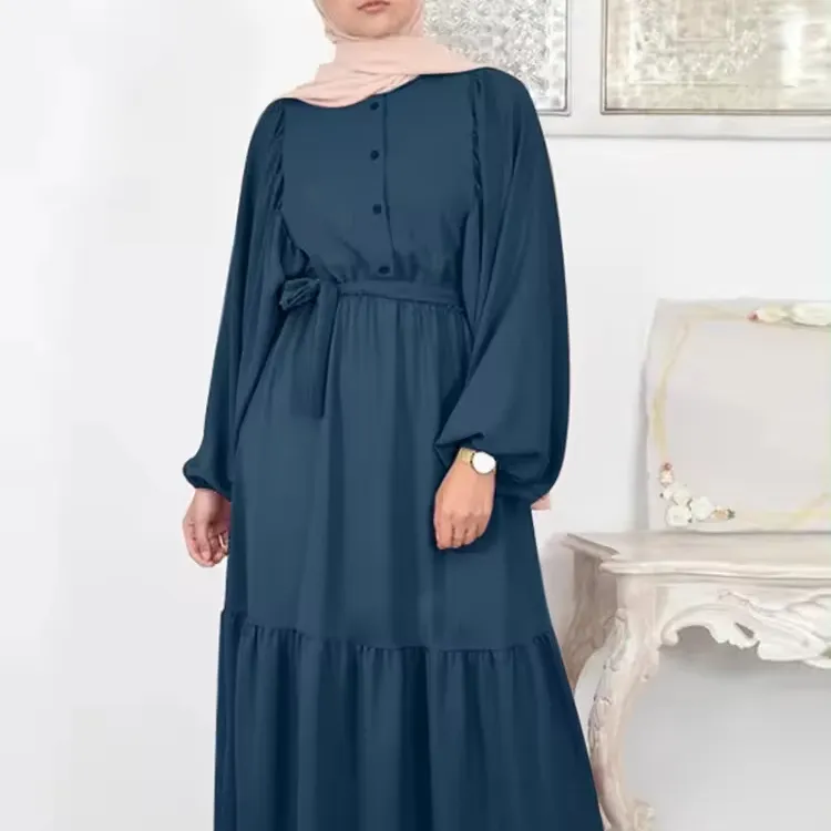 Midden-Oosten Saudi Arab Dubai Abaya Kleding Effen Kleur Lange Gewaden Met Riem Moslim Vrouwen Abaya