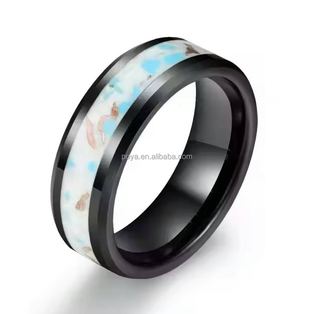 POYA Jewelry 8mm Black Beveled Edge Tungsten Ring Crushed Gold Foil and Blue Stone for Men's Wedding Engagement or Gift