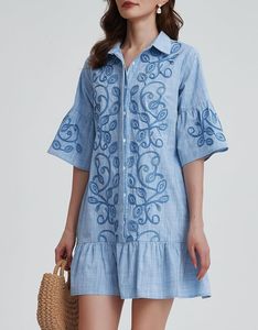 Vestido Camisero <span class=keywords><strong>de</strong></span> Mezclilla Vintage para Mujer, Lavable, con Botones, Mangas con Volantes Bordados, Corte en A, Mini Vestido <span class=keywords><strong>de</strong></span> Verano con Bolsillos, Estilo Casual - Product Image 6