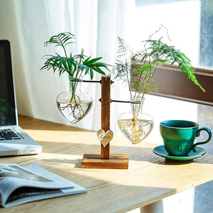 Retro Wooden Stand Heart Glass Hydroponic Vases Modern Plant Propagation Desktop Planter Home <b>Garden</b> Cylinder Shape - Product Image 4