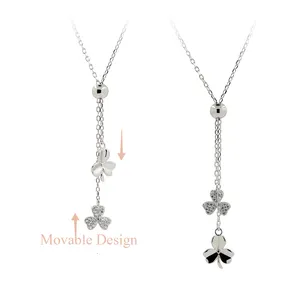 NZA9-001 Real Silver Lariat Necklace Lucky Three Leaf Clover CZ Stone 925 Silver Necklace