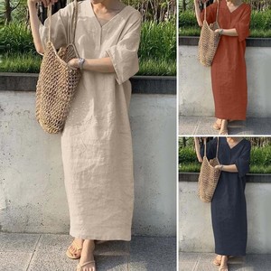 Vestido Tipo Camiseta sin Mangas con Cuello en V para Mujer, Elegante, Informal, Holgado, de Lino, Largo, Personalizado, al por Mayor, ODM/OEM - Product Image 2