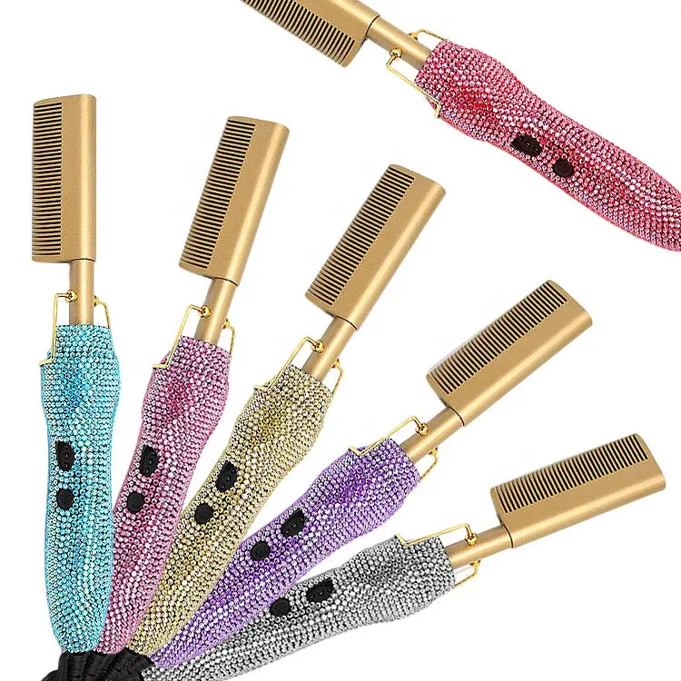 Professional Salon & Home Temperatures Adjustable Electric Heating Comb Straightening Comb Rhinestone Hot Comb 500 Degree