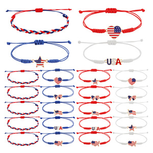 สร้อยข้อมือแฟชั่นชาร์ม 24 ชิ้นชุดสีแดงสีขาวสีฟ้าธงชาติสหรัฐอเมริกาหัวใจดาวโลหะผสมด้ายเคลือบแว็กซ์ของขวัญสำหรับทุกเพศเครื่องประดับ - Product Image 1