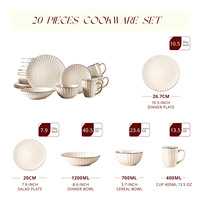 Service de table 16 pièces en grès cannelé, blanc crème avec rebord noir, assiettes, bols, tasses, compatible micro-ondes et lave-vaisselle, style ferme
