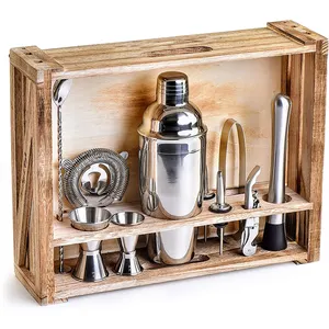 CAMOL Wooden Gift Boxes Stainless Steel Cocktail Shaker Set Mixology Bartender Kit 11pcs Bar Tool Set With Rustic Wood Stand