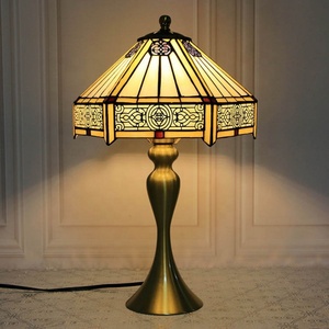 LongHuiJing 16Inch Tiffany <b>Lamp</b> Yellow Hexagon Stained Glass <b>Lamp</b> Lampshade Antique Style <b>Base</b> Home <b>Table</b> <b>Lamps</b> - Product Image 2