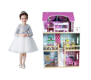 VA-Cerulean Casa De Muñecas De Madera Con Muebles – Villa Princesa Rosa, Semiabierta, Para Niños +3 Años