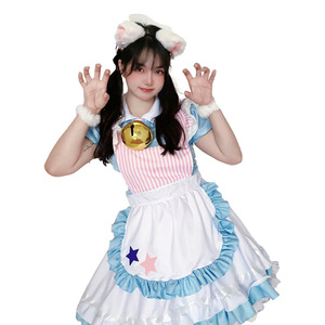 Yi Xiaoyi Maid Costume Women Anime Cosplay Dress With <b>Cat</b> Ears And Bell Pink Striped Apron Adult Size - Product Image 5