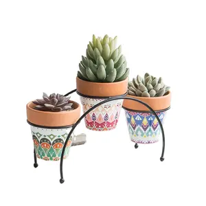 Bac à jardinage en céramique avec support métallique, ensemble de 3 pots en argile, plantes Cactus, fleurs, avec pont en métal