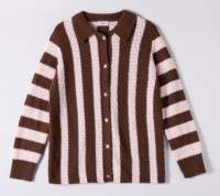 Cardigan en tricot ajouré à col polo pour femmes grandes tailles, rayures verticales marron et rose, manches longues, pull tricoté rayé, vêtement d'extérieur