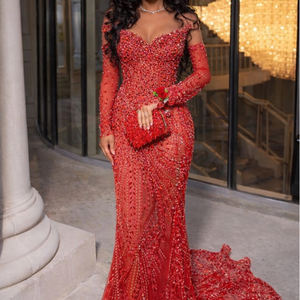 定制奢华水晶美人鱼舞会礼服性感透明领口非洲晚礼服全袖拖尾 - Product Image 2