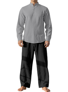Completo Casual da <span class=keywords><strong>Uomo</strong></span> in <span class=keywords><strong>Lino</strong></span> a Due Pezzi, Motivo Tinta Unita, Camicia a Maniche Lunghe Larga e Traspirante con Pantaloni, Perfetto Outfit Autunnale da <span class=keywords><strong>Spiaggia</strong></span> - Product Image 5