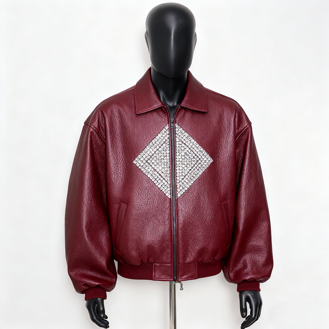 OEM Custom Patch Embroidery LOGO Bomber Winter Leather Motorcycle Rhinestone Zipper PU Leather Rivet Loose Jacket With Pockets