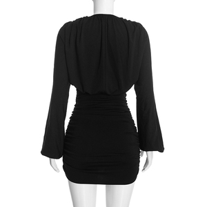 Robe moulante courte plissée à col en V et manches longues, couleur unie, style décontracté, nouvelle collection automne pour femme Viviblook C26DS420 - Product Image 3
