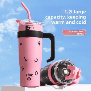 Nouvelle tasse <span class=keywords><strong>isotherme</strong></span> noire et rose pour thé glacé, en acier inoxydable 304, grande capacité, avec poignée et paille, 40 oz, pour voiture - Product Image 4