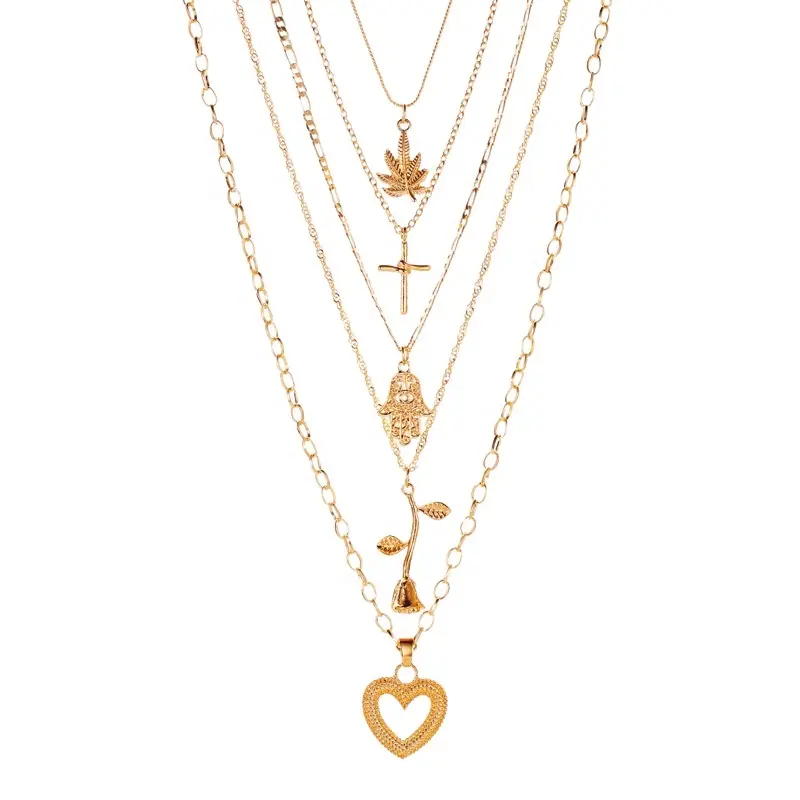 Bijoux rétro pour petites amies, coeur en or, rose, croix, feuille, pendentifs, collier multicouche pour femmes