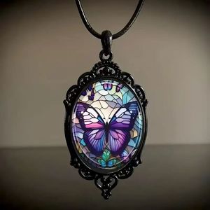 Dôme en Verre Personnalisé Papillon Rose Fleur Nature Photo Collier Rétro Gothique Noir Foncé Collier Femmes Filles Saint Valentin Cadeaux - Product Image 1