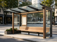 Abri de bus moderne avec toit en verre, affichage numérique LED des horaires de transport, caméra CCTV, banc en bois, mobilier urbain