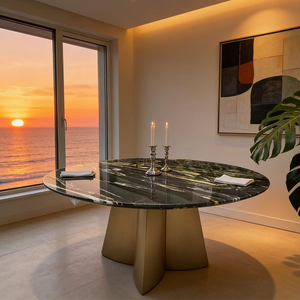 Mesa de Comedor Redonda de Mármol Natural Italiano de Alta Gama con Base de Acero Inoxidable Moderna para Uso en el Hogar o Restaurante - Product Image 5