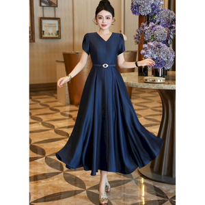 French Vintage Solid Elegant Fashion Big Swing Drapey <strong>Temperament</strong> Women's Waist Slimming Short Sleeve High-end Summer Long Skirt - Product Image 3