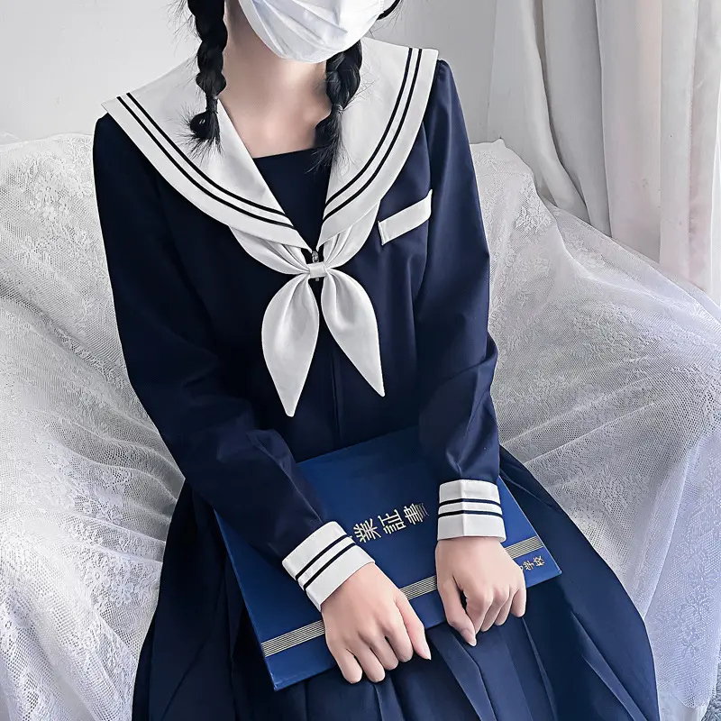 Designer Women Japanese Student JK Uniform Suit TR Fabric White Corydalis Embroidery Two Lines Navy Blue Sailor Pleated Dress