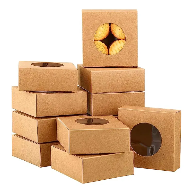 Popular Design Reciclável Brown Food Grade Embalagem Padaria Sobremesa Pastelaria Tratar Cookie Boxes com janela