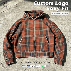 Custom Vintage Plaid Zip Up Hoodie RAMAX Logo Boxy Cropped Raw Edge Men Oversized Tartan Hooded <b>Jacket</b> Streetwear Custom Logo - Product Image 1