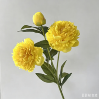 Rangkaian Bunga Peony Sutra Realistis Kuning-Hijau Teknik Anyaman Bahan Kawat Dekorasi Vas Gaya Monet Latar Belakang Pesta