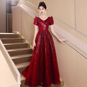 <b>Red</b> <b>Sequined</b> Evening Gown Sweetheart Neckline Empire Waist Claret Color Coming Of Age Ceremony Dress - Product Image 1