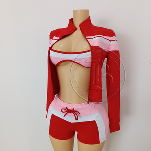 Ensemble de survêtement <span class=keywords><strong>3</strong></span> pièces pour <span class=keywords><strong>femme</strong></span>, <span class=keywords><strong>tenue</strong></span> de sport sexy à blocs de couleur avec veste à manches longues, débardeur et short pour la plage ou les tenues décontractées - Product Image 6