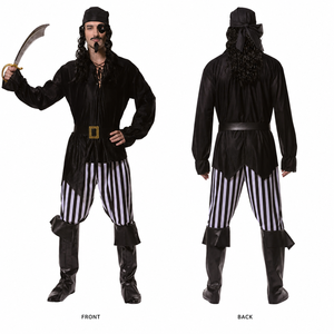 Ensemble de <span class=keywords><strong>costume</strong></span> de pirate pour <span class=keywords><strong>homme</strong></span> pour Halloween, comprenant un haut noir, un pantalon rayé, un foulard, une bandeau pour les yeux, une ceinture, des couvre-bottes, tenue de cosplay - Product Image 4