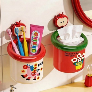 Suction Cup Wall Mount Trash Can Round Bathroom Storage Organizer With Toothbrush Holder And Tissue Box For Home Use - Product Image 1