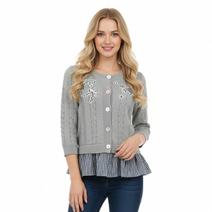Combinaison de tricot et de tissu tissé Broderie au <span class=keywords><strong>crochet</strong></span> <span class=keywords><strong>Cardigan</strong></span> à manches longues pour fille avec boutons colorés - Product Image 1