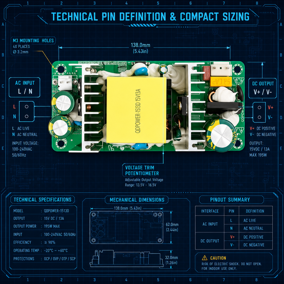 Open Frame 195W AC-DC Converter Module 15V13A Single Circuit Bare Board ...