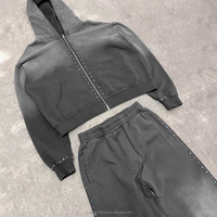 Ensemble de survêtement personnalisé pour homme : sweat à capuche zippé avec strass et pantalon évasé, effet délavé à l'acide