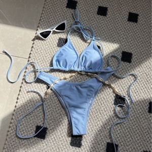 Ensemble de bikini de couleur unie pour femmes, col croisé avec chaîne en forme de coquille, maillot de bain extensible rose pour la natation et les sports nautiques - Product Image 4