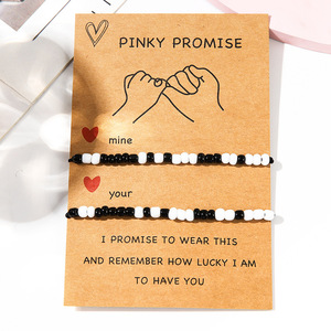 Pinky Promise <b>Bracelet</b> Set Black White Beads <b>Couple</b> <b>Matching</b> Jewelry Anniversary Gift Unisex Adjustable - Product Image 3