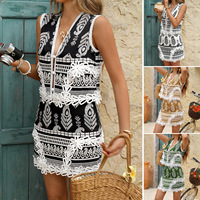Ensemble robe femme printemps/été 2025, style bohème, haut cardigan à col en V en dentelle imprimée et jupe courte, avec couleur contrastée