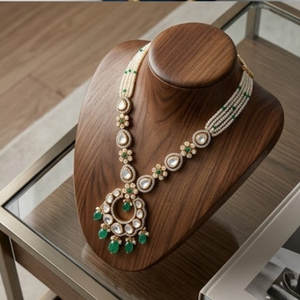 Elegant 925 Silver Pearl <b>Emerald</b> Necklace Set Traditional Ethnic Bridal Jewelry Handmade Designer <b>Pendant</b> - Product Image 4