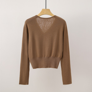 Cárdigan de <span class=keywords><strong>manga</strong></span> larga para <span class=keywords><strong>mujer</strong></span> al por mayor de fábrica, suéter básico de Color sólido con cuello en V, cárdigan de punto fino informal con frente abierto - Product Image 4
