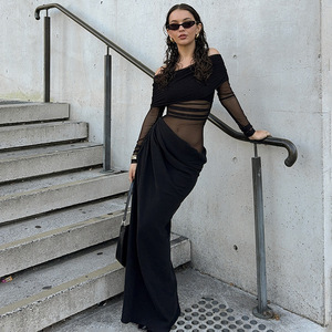 Jupe en tulle élégante de style mondain pour les vacances de printemps à épaules dénudées, <span class=keywords><strong>robe</strong></span> de tempérament transparente au design deux pièces - Product Image 1