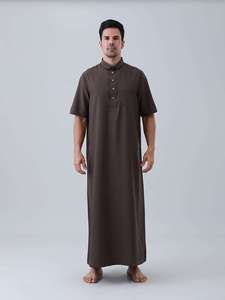Camisa Thobe de Algodón para Hombre, Cuello Camisero, Manga Corta, Largo hasta el Suelo, Color Sólido, Transpirable, Ropa de Oración Modesta, Estilo de Medio Oriente - Product Image 1