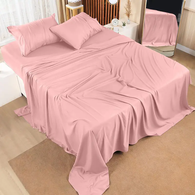 ขายส่งเตียงไม้ไผ่อินทรีย์ 100% ผ้าคลุมสีชมพูเป็นมิตรกับสิ่งแวดล้อม 300 ชิ้นชุดผ้าปูที่นอนราชินี