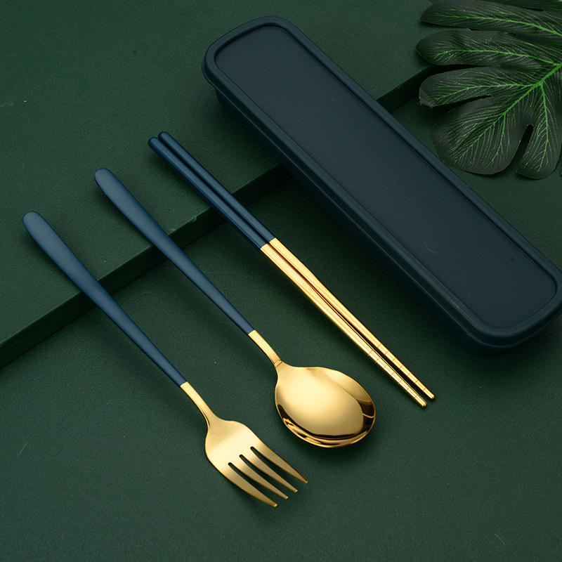 Ensemble trois pièces vert foncé doré (fourchette + cuillère + baguettes + boîte