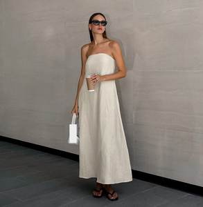 Enyami Vestido Largo Holgado Sin Tirantes de Lino y Algodón Color Caqui con Bolsillos para Mujer, Nuevo Estilo Acogedor para Vacaciones de Verano en la Playa y Resort - Product Image 2