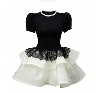 Robe Courte OEM en Chiffon et Spandex, Col Rond, Bordure en Dentelle, Coupe Ajustée, Taille Haute, Perlée, Manches Lanterne, Tricotée, Coupe Évasée, Été